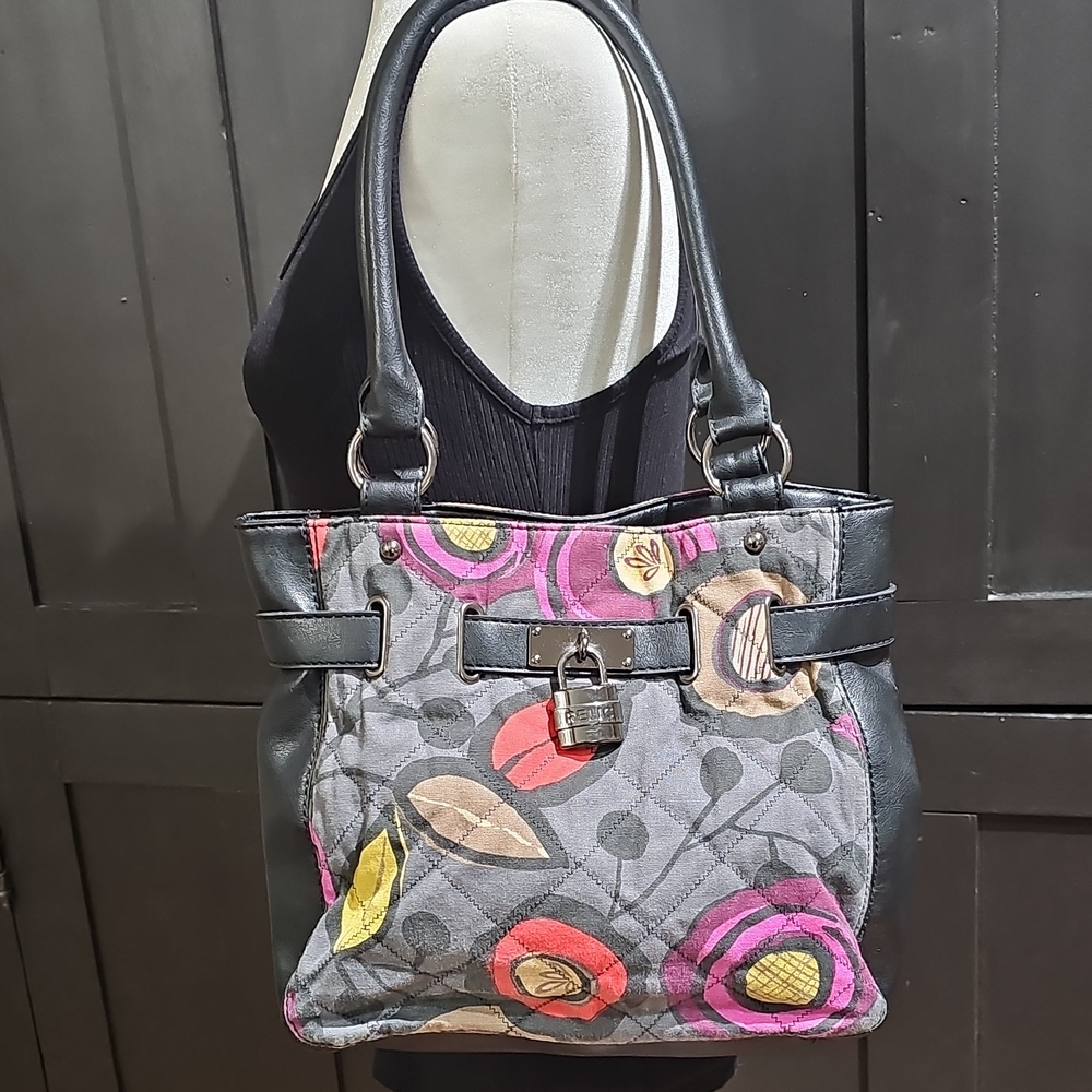 Relic Black Quilted Shoulder Tote with Multicolor Floral Accents